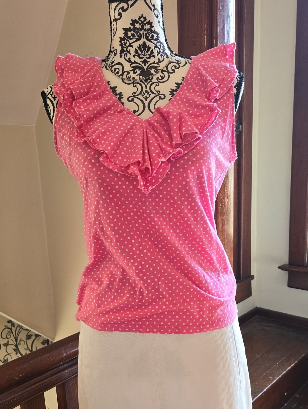 Ralph Lauren Pink Polka Dot Ruffle V-Neck Tank M